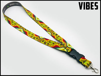 Vibes. Green yellow red and brown trippy liquid design. Custom picture quality polyester webbing Lanyard. Design by Northwest Straps.