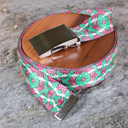 1.5" Ikat Tribal Belt – Green Geometric Pattern