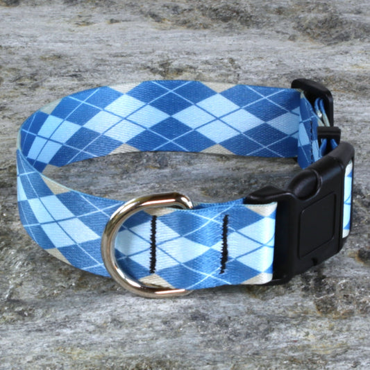 Blue and Gray Argyle Dog Collar – Classic Diamond Pattern