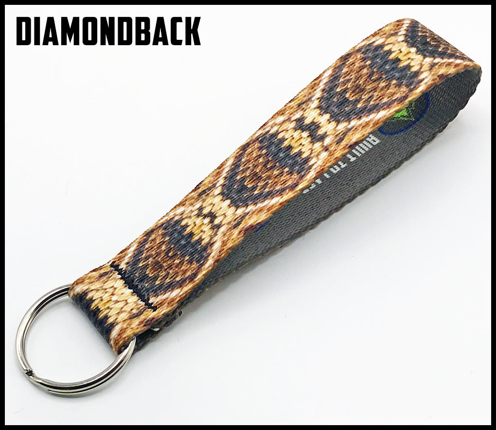 Diamondback rattlesnake snake skin 1 inch custom picture quality polyester webbing keyfob. Design by Northwest Straps.