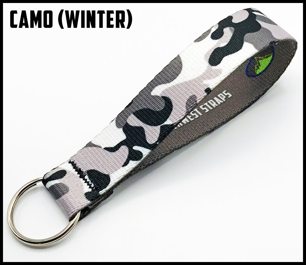 Traditional winter camo 1 inch custom picture quality polyester webbing keyfob. Design by Northwest Straps.