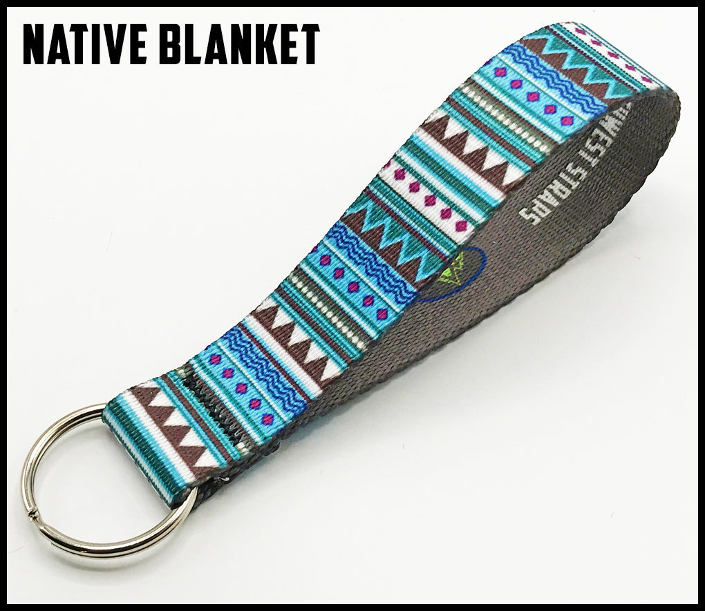 Native blanker. Green blue white brown purple. 1 inch custom picture quality polyester webbing keyfob. Design by Northwest Straps.