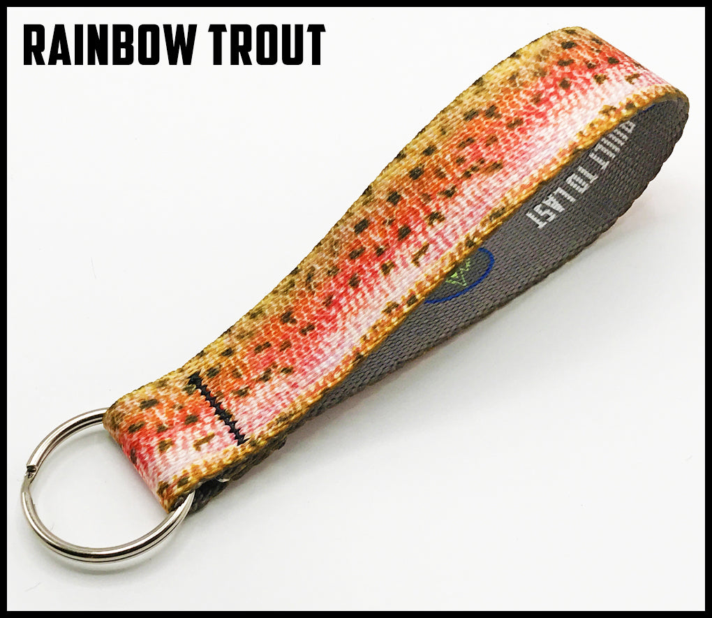 Rainbow Trout skin scales. 1 inch custom picture quality polyester webbing keyfob. Design by Northwest Straps.
