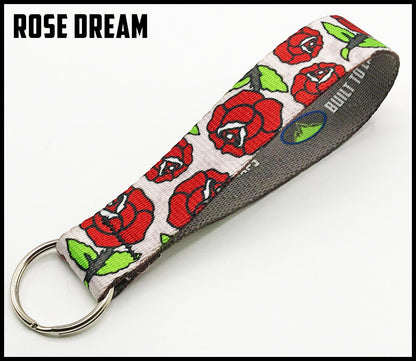 Drawn red roses on white background. 1 inch custom picture quality polyester webbing keyfob. Design by Northwest Straps.