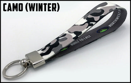 Traditional winter camo 1 inch custom picture quality polyester webbing keyfob. Design by Northwest Straps.