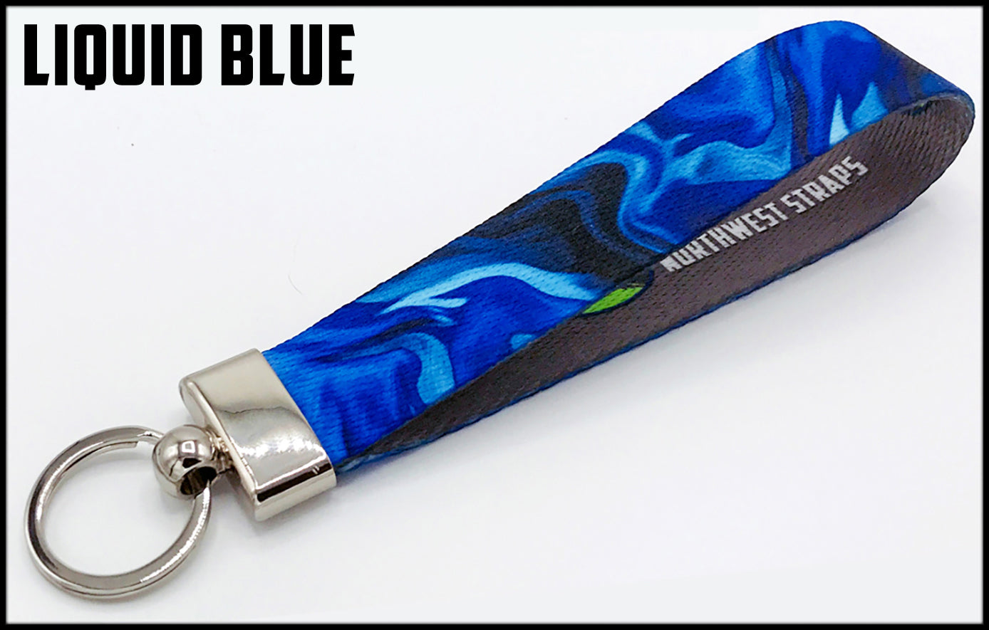 Blue liquid. 1 inch custom picture quality polyester webbing keyfob. Design by Northwest Straps.