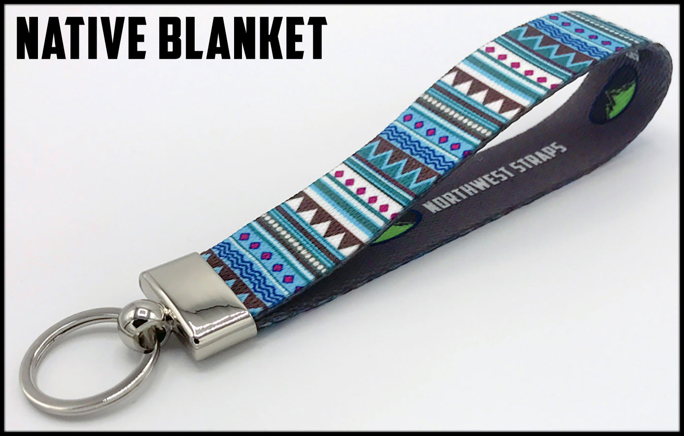 Native blanket blue brown purple and white. 1 inch custom picture quality polyester webbing keyfob. Design by Northwest Straps.