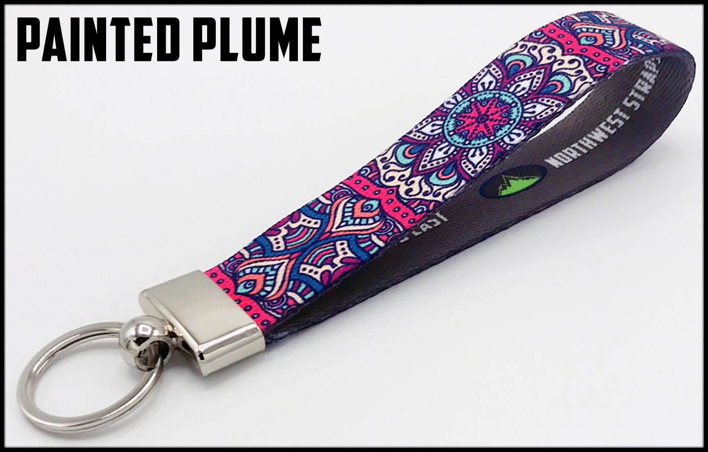 Painted plume native art. 1 inch custom picture quality polyester webbing keyfob. Design by Northwest Straps.