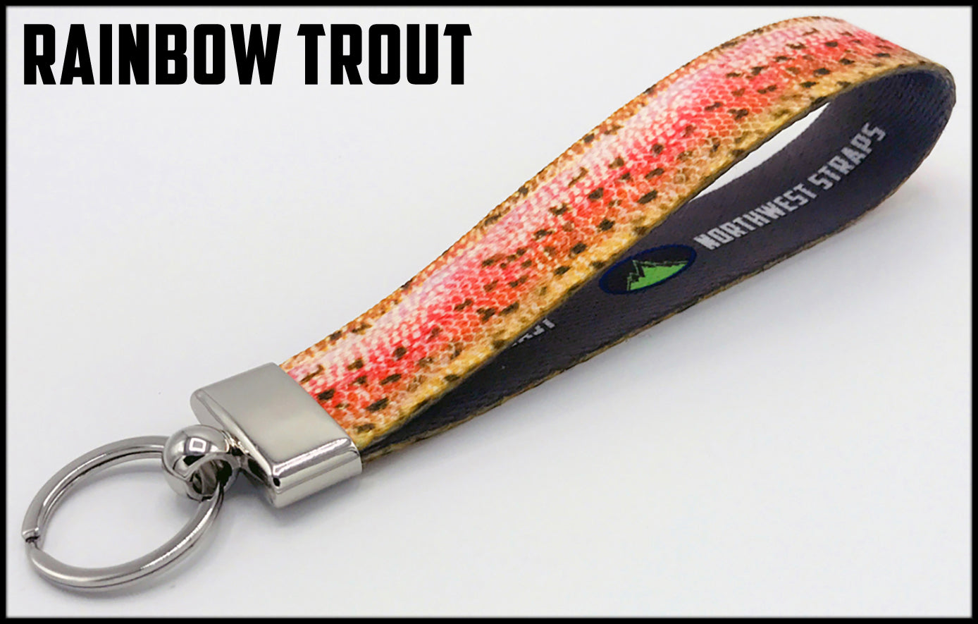 Rainbow trout fish scales and skin. 1 inch custom picture quality polyester webbing keyfob. Design by Northwest Straps.