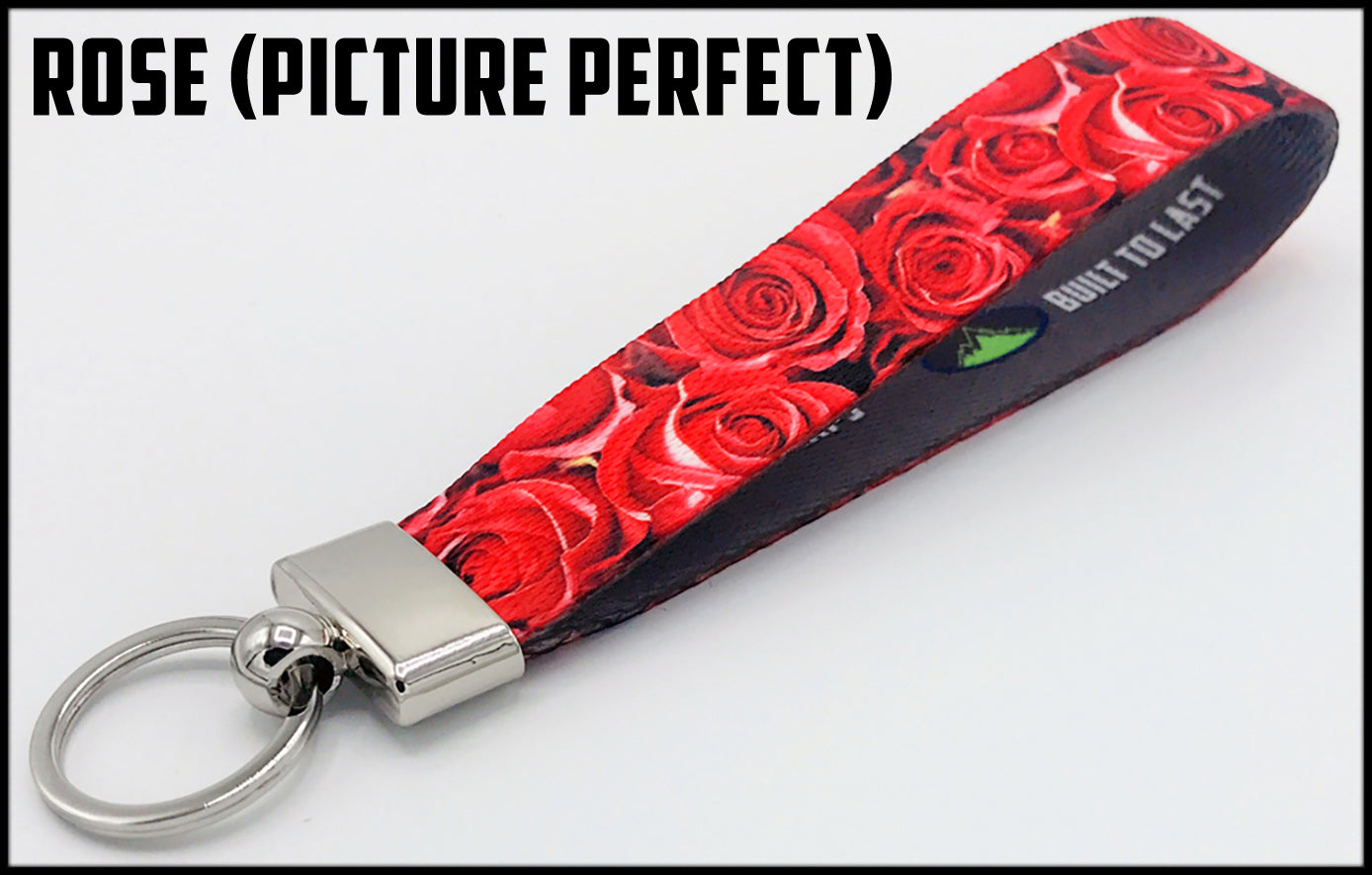 photorealistic red roses. 1 inch custom picture quality polyester webbing keyfob. Design by Northwest Straps.