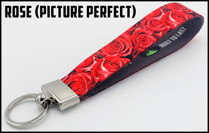 photorealistic red roses. 1 inch custom picture quality polyester webbing keyfob. Design by Northwest Straps.