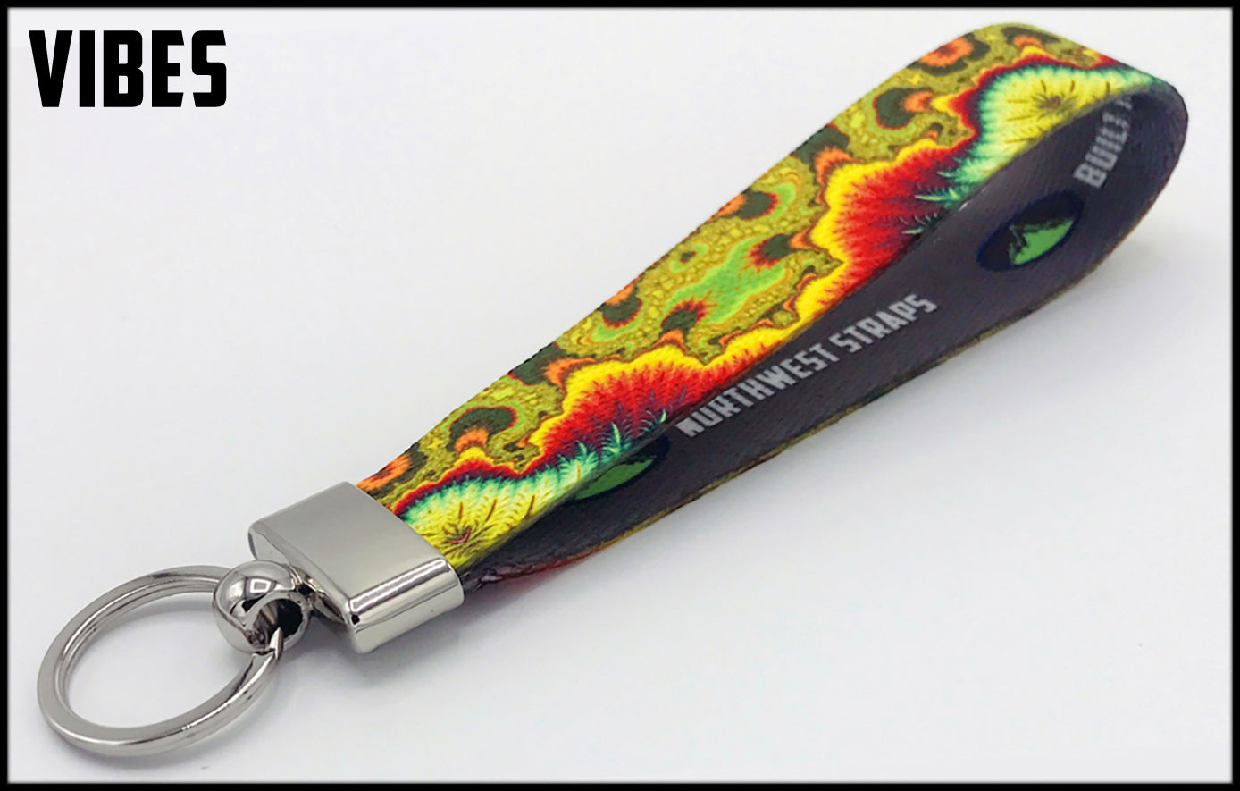 red yellow green black trippy. 1 inch custom picture quality polyester webbing keyfob. Design by Northwest Straps.