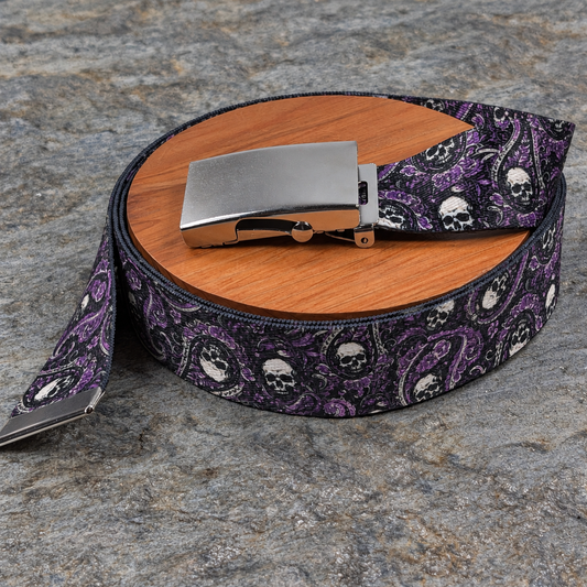 Gothic Paisley Skull Belt – 1.5" Purple and Black Print