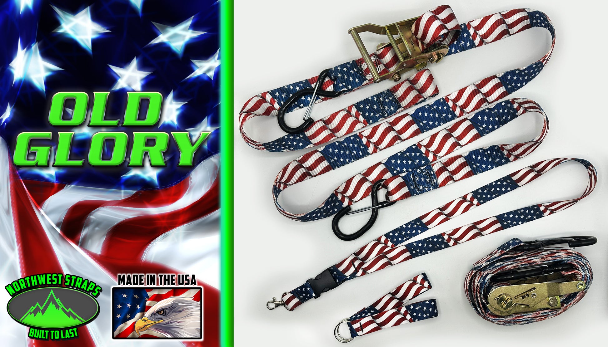 Old glory American flag Ratchet strap, keyfob, keychain and lanyard custom keyfob design by northwest straps.