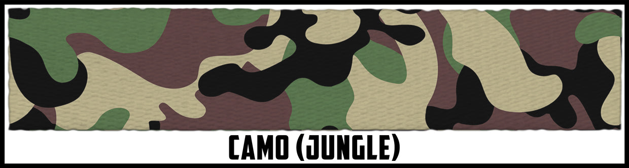 Traditional jungle camo. 2 Inch custom picture quality polyester webbing. Design by Northwest Straps.