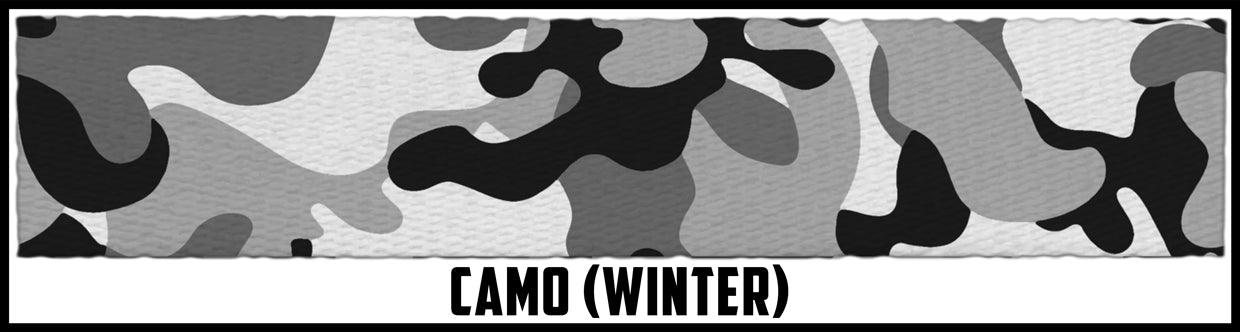 Traditional winter camo 3/4 inch custom picture quality polyester webbing. Design by Northwest Straps.