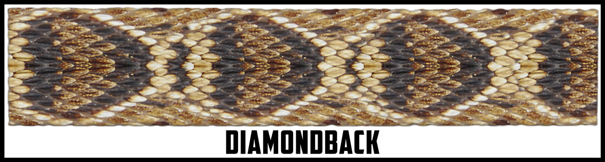 Diamondback rattle snake skin.  1 1/2 Inch custom picture quality polyester webbing. Design by Northwest Straps.