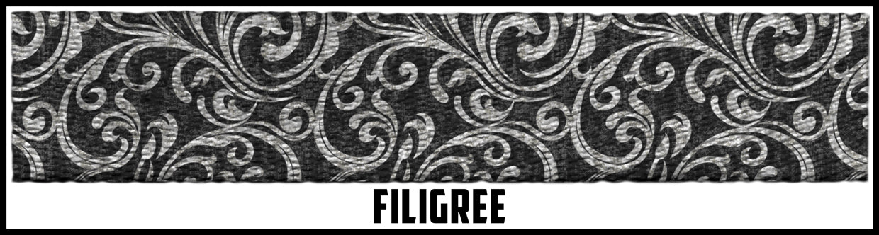Silver filigree. 2 Inch custom picture quality polyester webbing. Design by Northwest Straps.