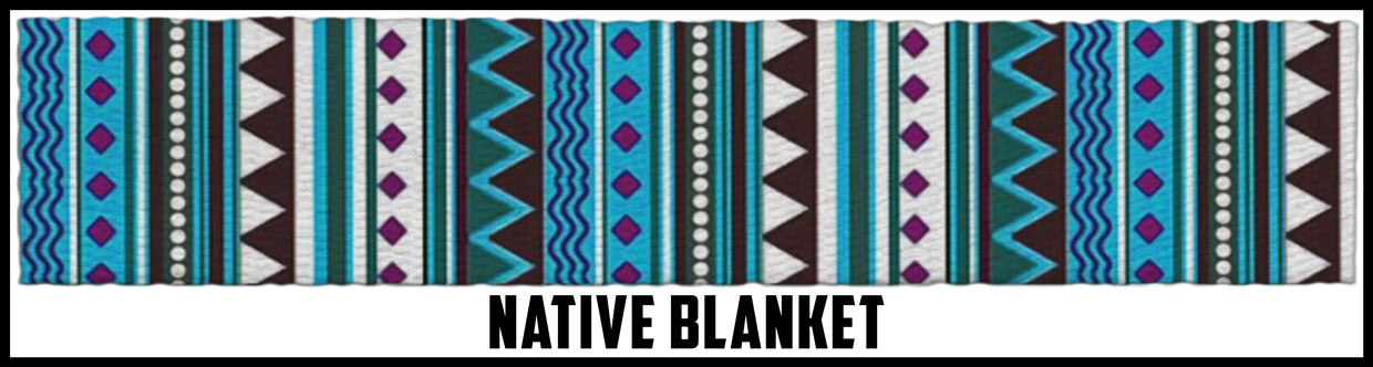 Native banket blue, brown green white. 1 Inch custom picture quality polyester webbing. Design by Northwest Straps.