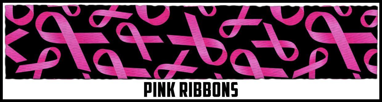 Pink ribbons on black background.  1 1/2 Inch custom picture quality polyester webbing. Design by Northwest Straps.