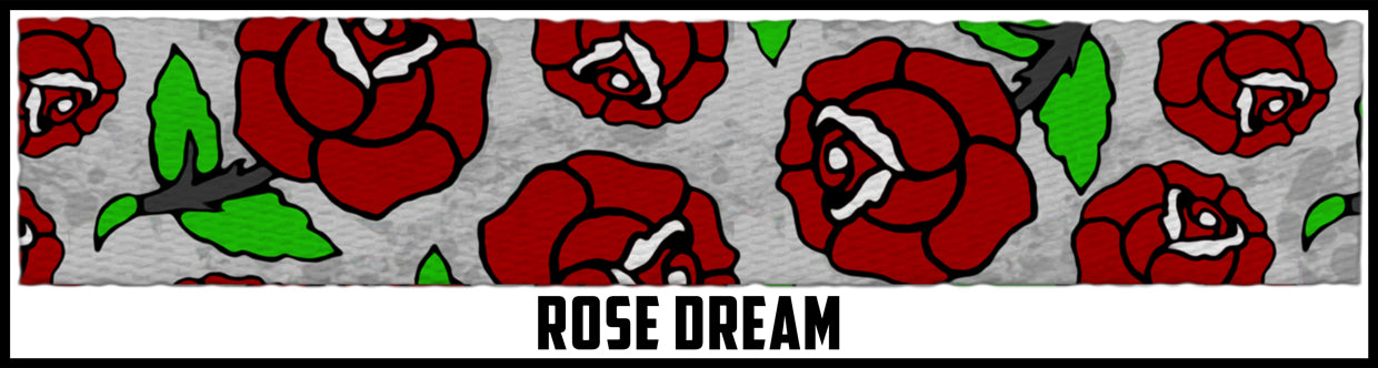 Drawn roses on white background. 3/4 inch custom picture quality polyester webbing. Design by Northwest Straps.