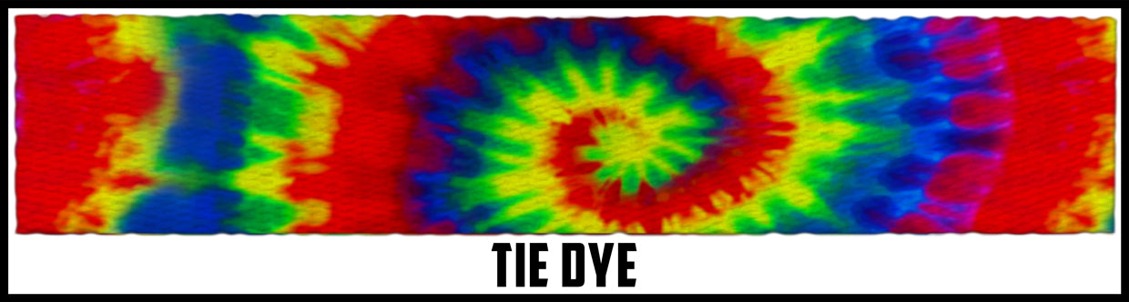 red green yellow blue tie dye. 3/4 inch custom picture quality polyester webbing. Design by Northwest Straps.
