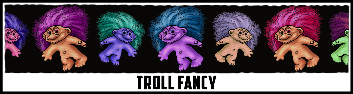 Trolls on black background. 1 Inch custom picture quality polyester webbing. Design by Northwest Straps.